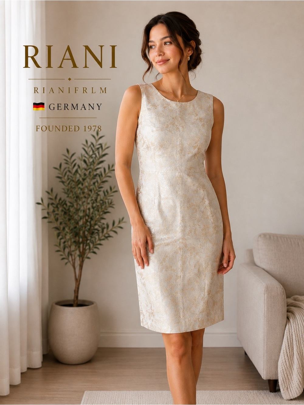 🇩🇪 RIANI Ivory and Gold Brocade Sheath Dress, size 42
